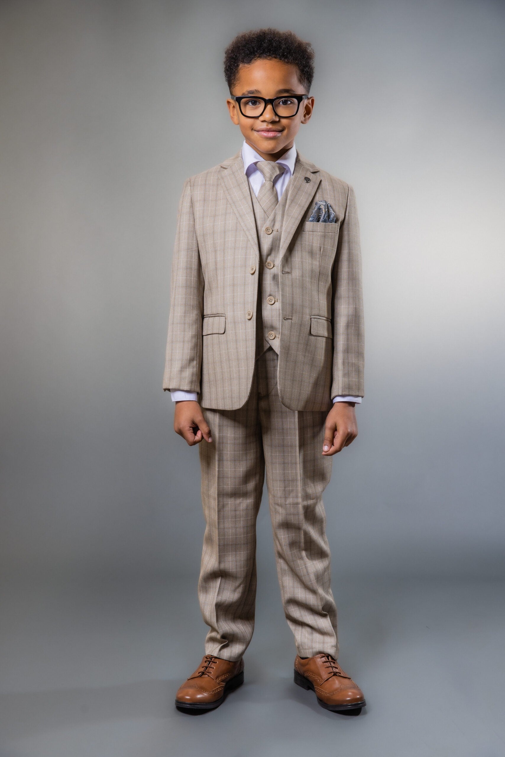 Boys Tweed Check Tailored Fit Suit - Beige and Brown