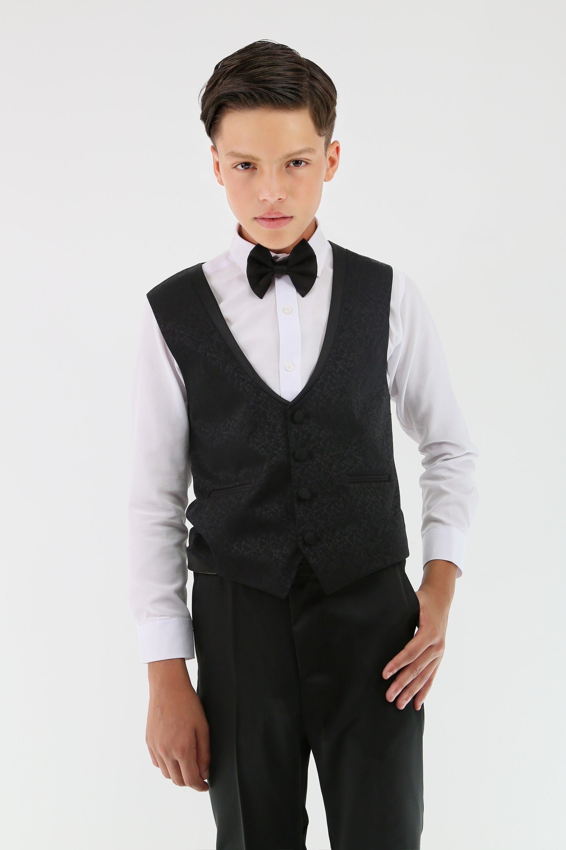 Boys Tuxedo Floral Patterned Dinner Suit 7 PC Set - Black