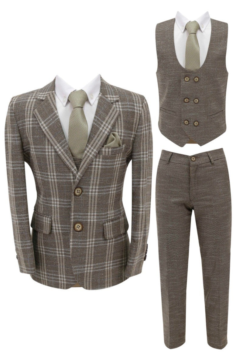 Boys 7 Pieces Check Plaid Suit Set - Beige