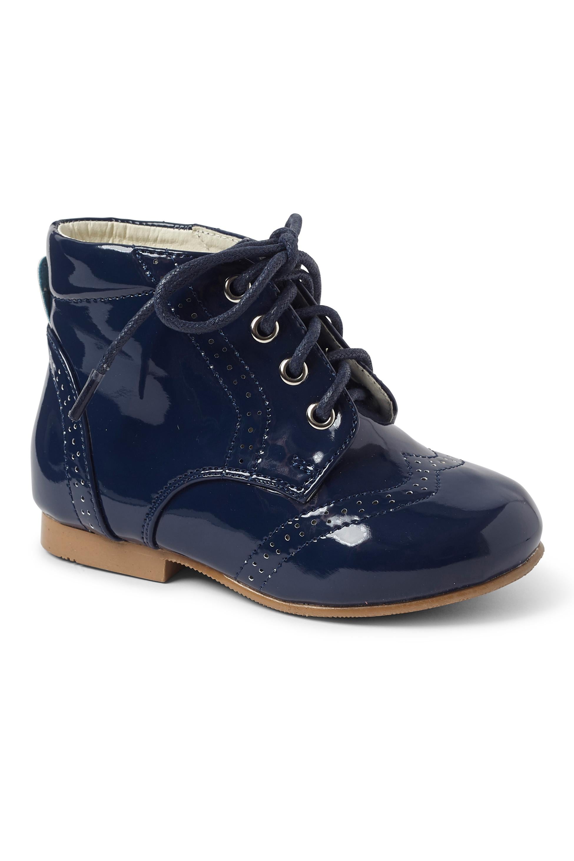 Unisex Kids Patent Leather Brogue Ankle Boots - QUINN - Navy Blue