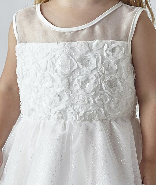 Girls Ivory Floral Appliqué Dress with Glitter Tulle - JESSICA - Ivory