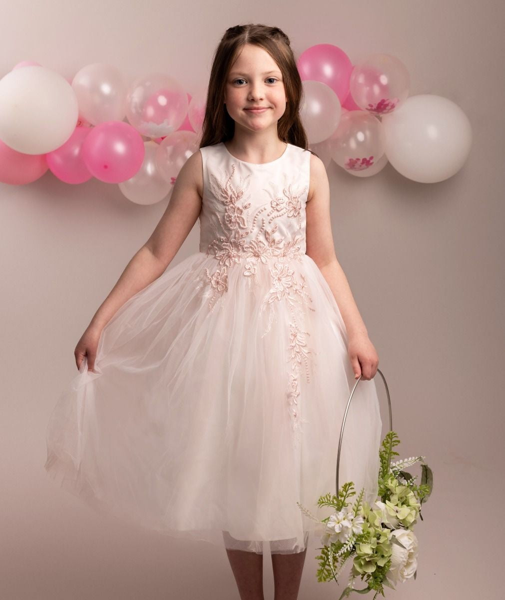 Girls Floral Embroidered Dress with Tulle Skirt - NYRA - Blush Pink