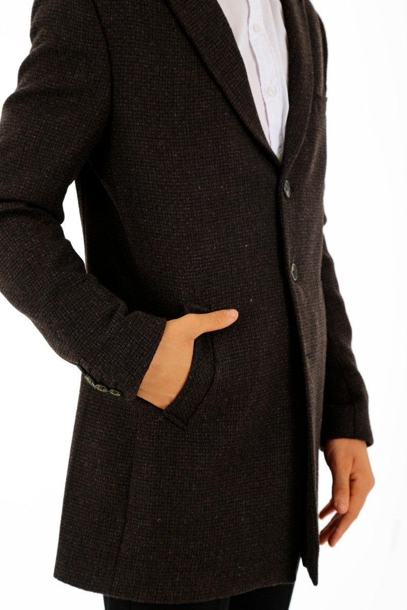 Boys Wool Tweed Patterned Midi Coat - Dark Brown