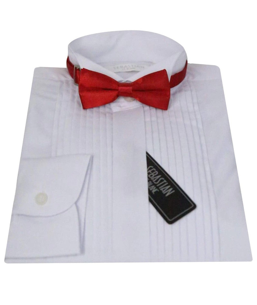 Boys Pleated Wing Collar Tuxedo Shirt - White