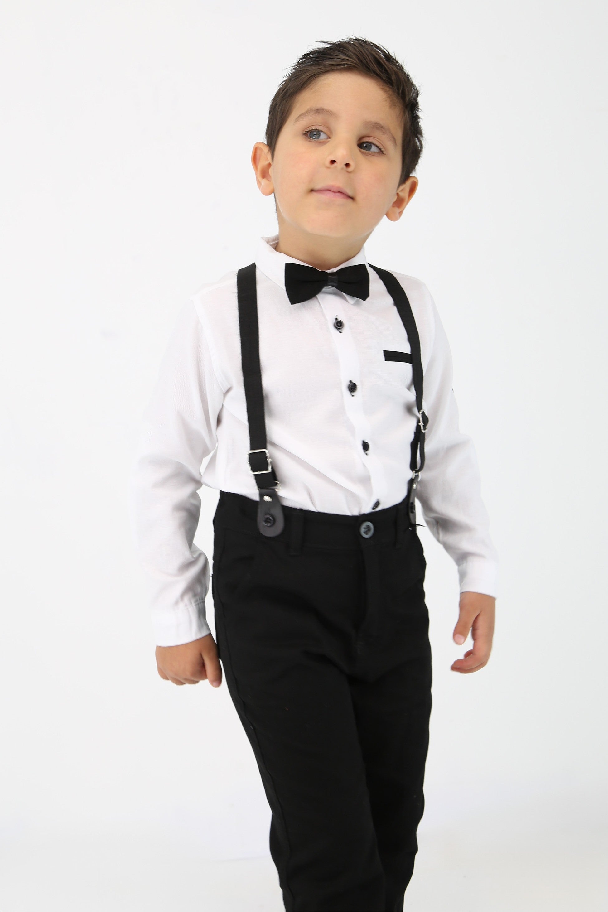 Baby & Boy Gentleman Outfit - 4 Piece Suspenders Pant Suit Set - OXFORD - White - Navy Blue