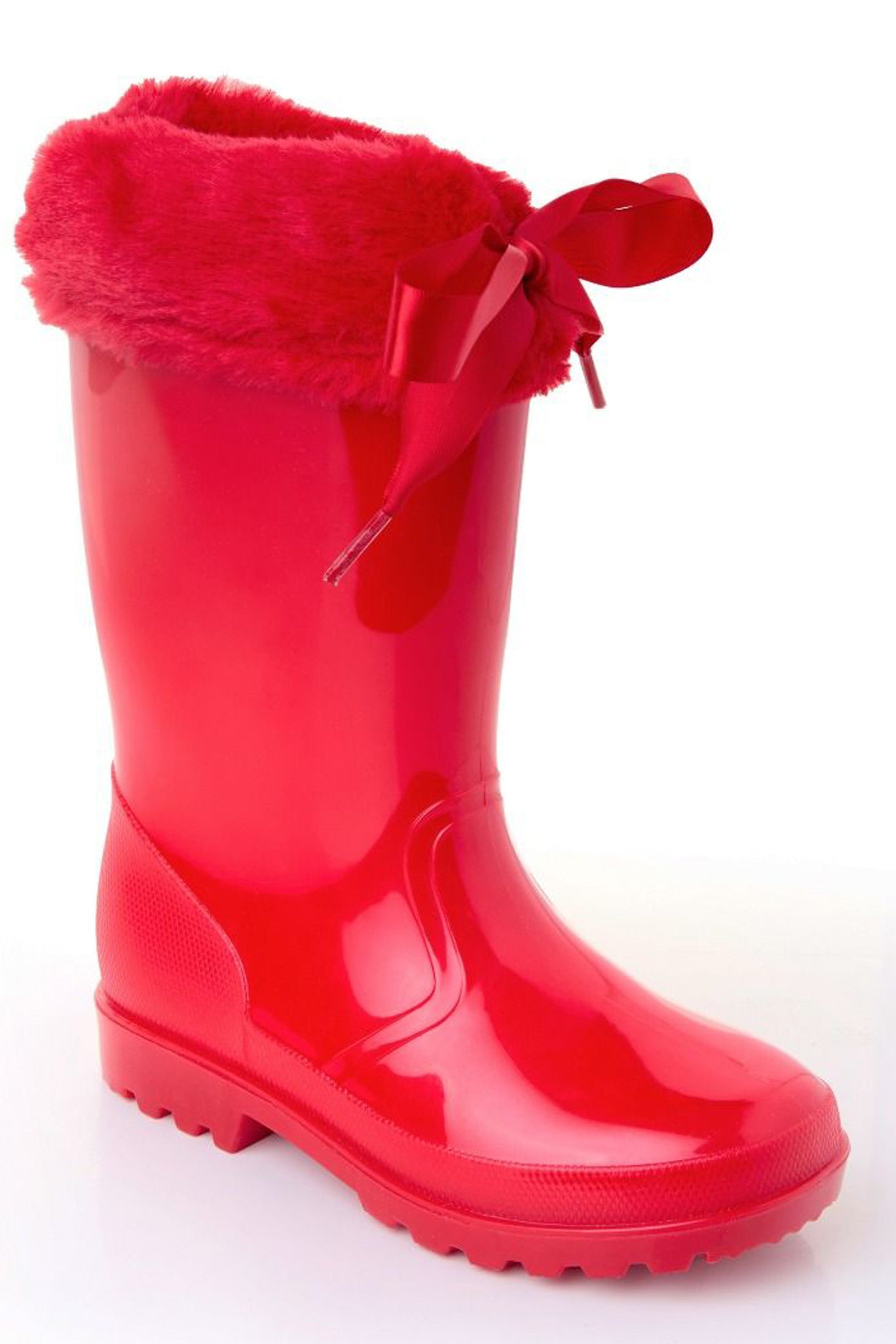 Girls' Ribbon Wellington Boots with Faux Fur, Waterproof Wellies – VIVIAN - Red