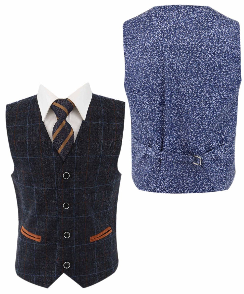 Boys Tailored Fit Retro Check Suit - ANTHONY NAVY - Navy Blue