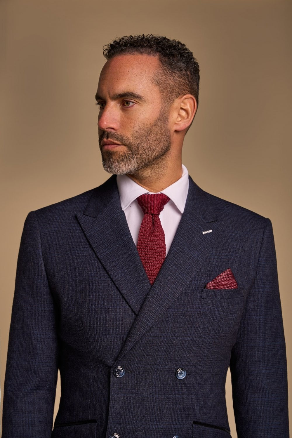 Men's Houndstooth Double-breasted Suit Jacket - CARIDI - Navy Blue