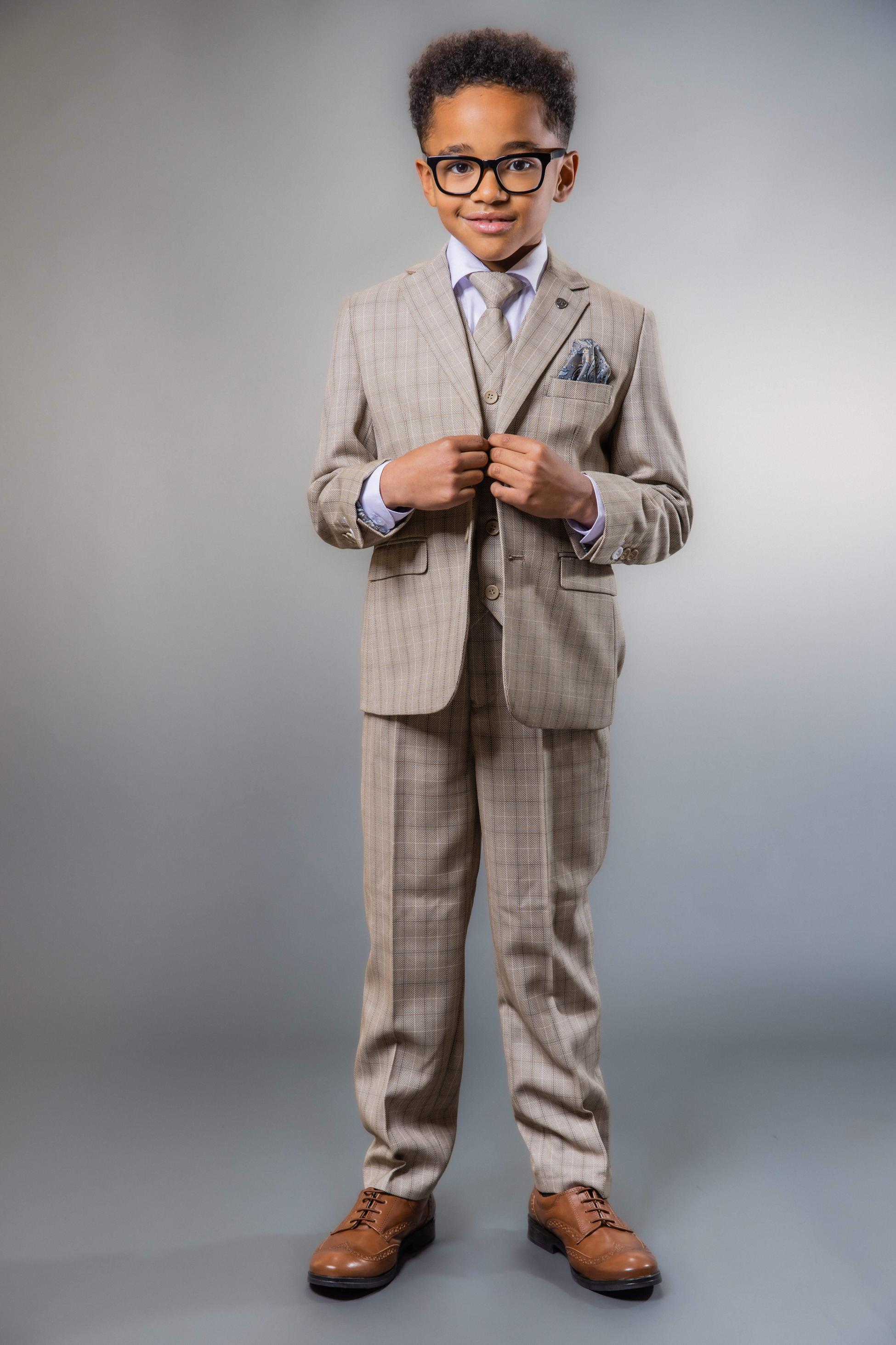 Boys Tweed Check Tailored Fit Suit - Beige and Brown