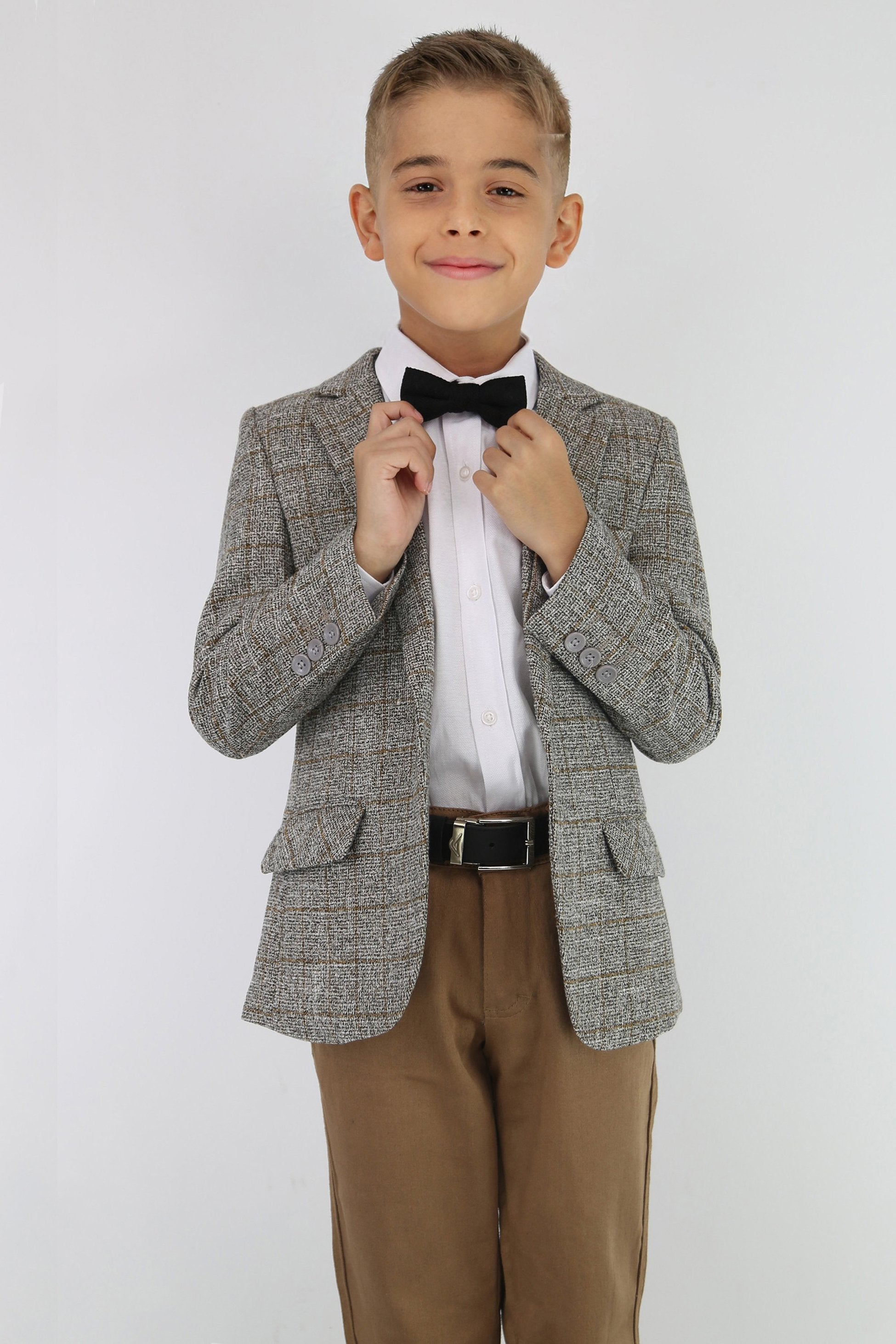 Boys Cotton Blend Tweed Like Check Blazer - Beige