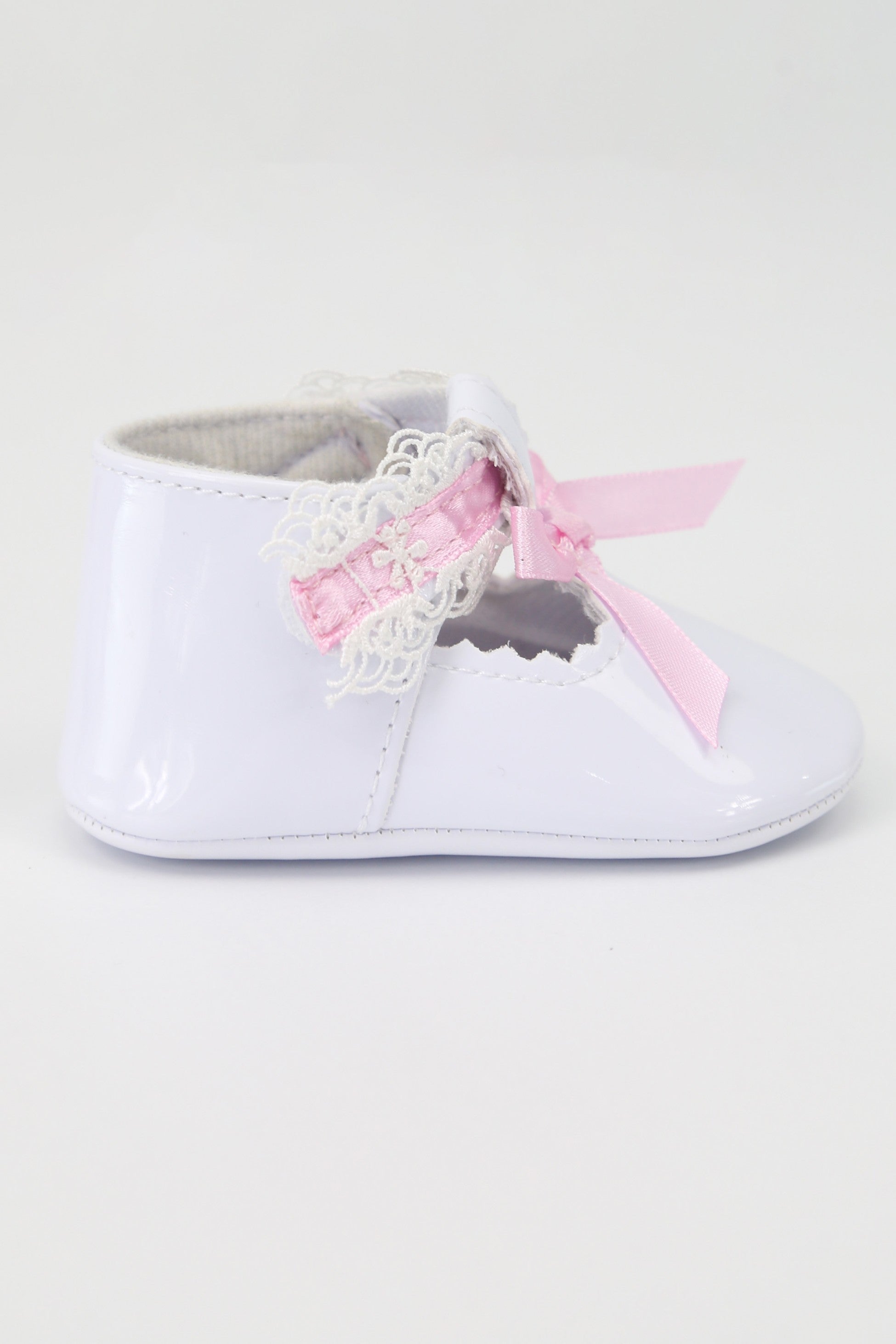 Baby Girls Patent Christening Shoes with Lace Details - VALENTINA - White