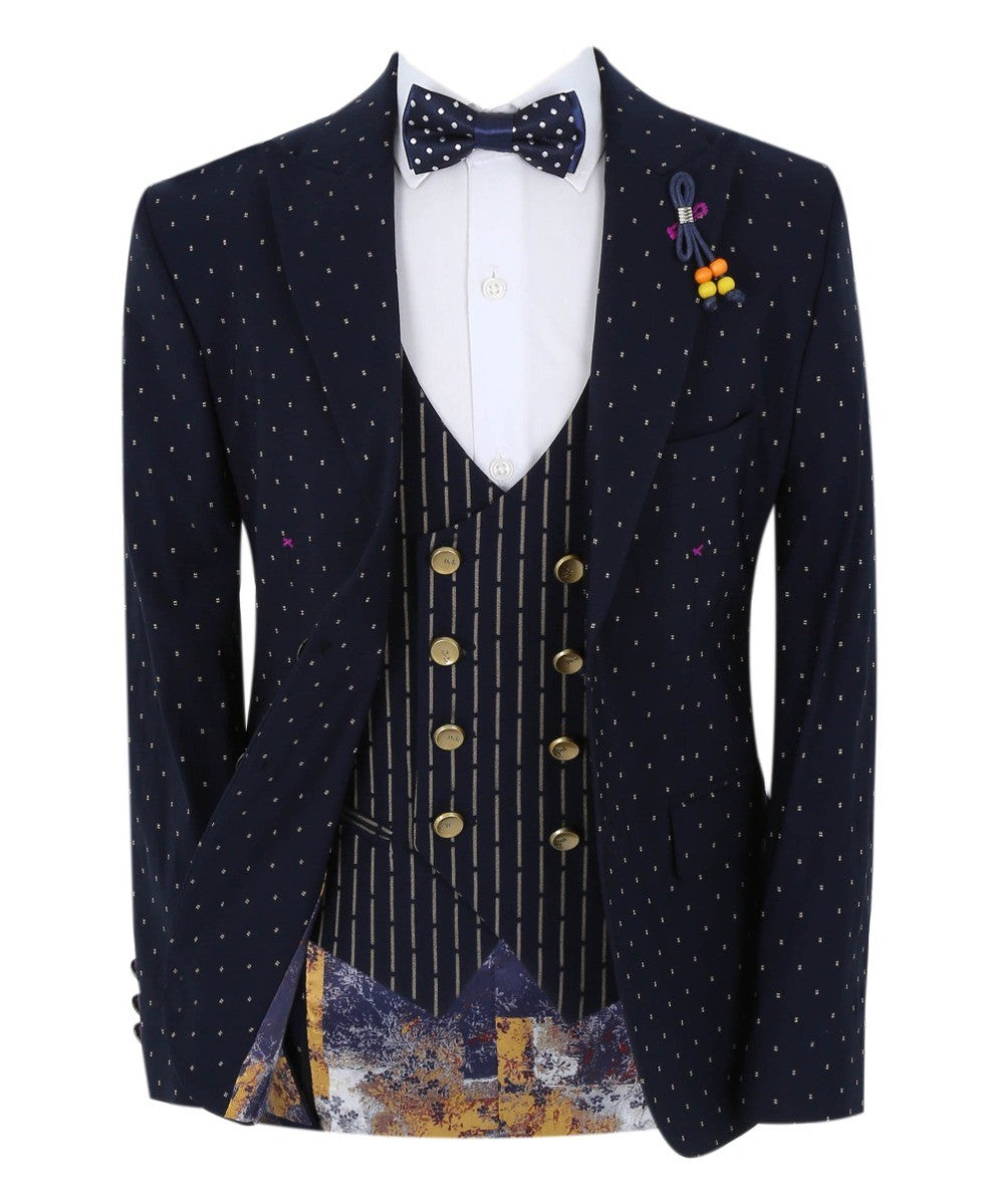 Boys Polka Dot Slim Fit Suit - ARISTOTLE - Navy Blue