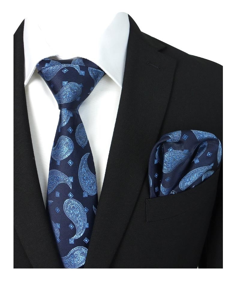 Boys & Men's Paisley Swirls Formal Tie & Hanky Set - Navy Blue - Blue