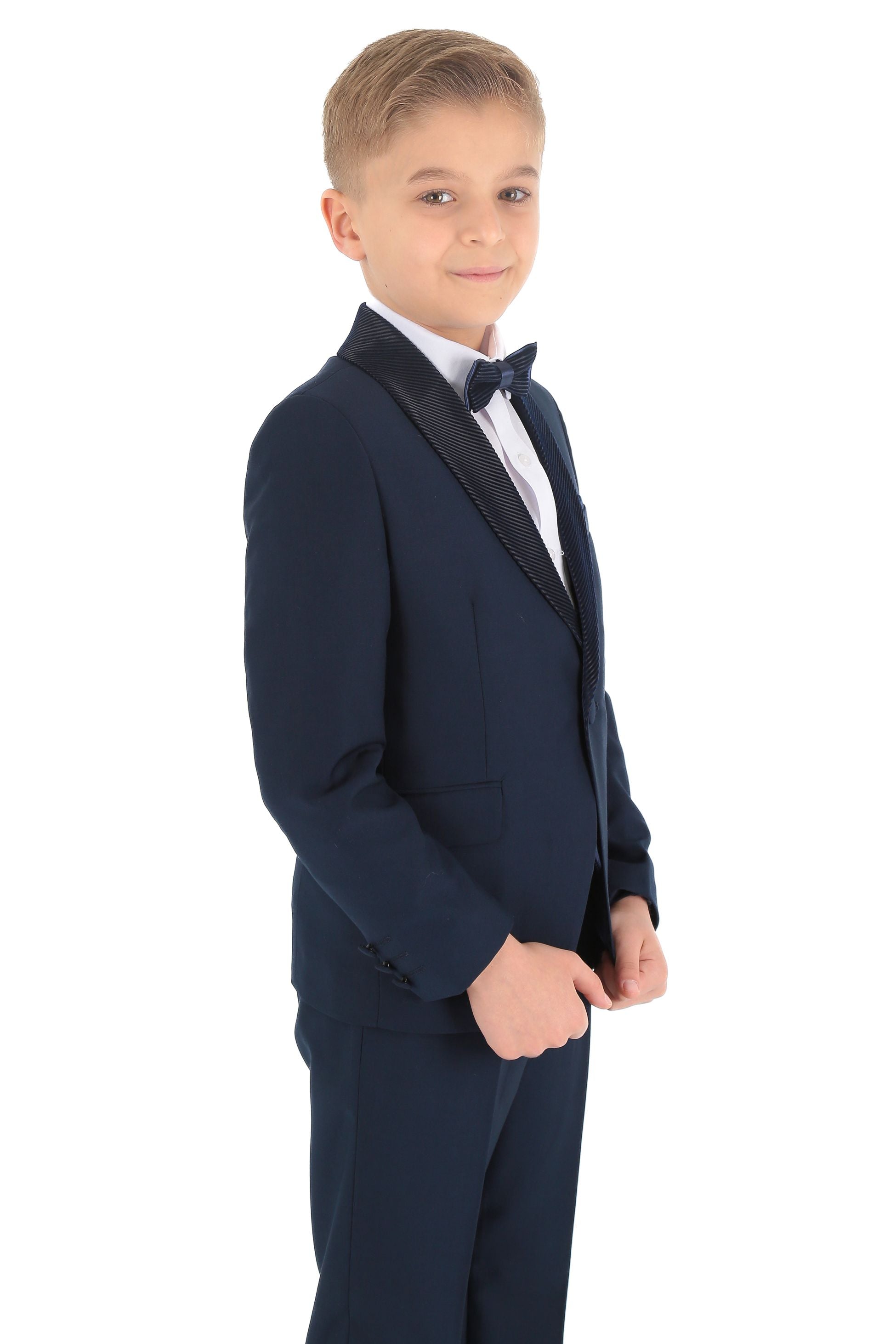 Boys Tuxedo Suit - Corduroy Velvet Waistcoat & shawl lapel - Navy Blue