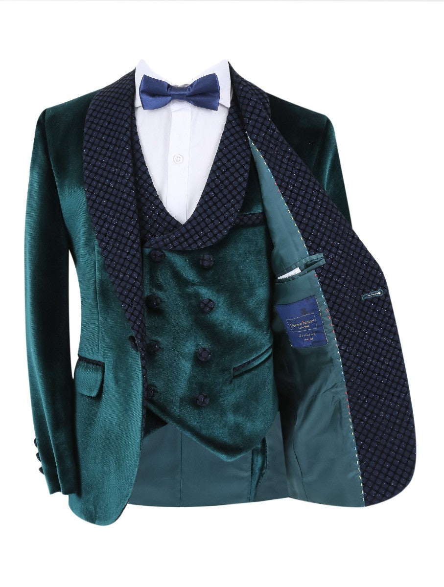 Boys Velvet Slim Fit Tuxedo Dinner Suit - Dark Green