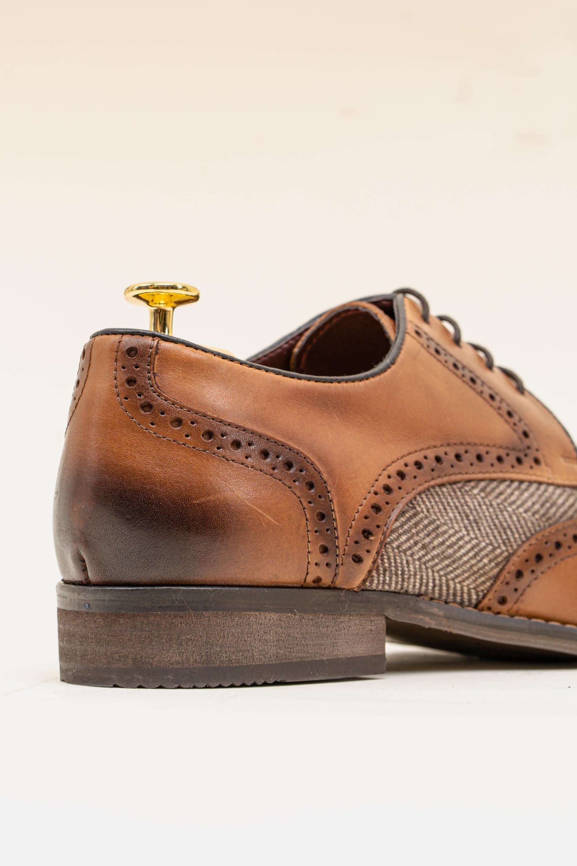 Men's Genuine Leather & Tweed Brogue Shoes - FARO - Tan Brown