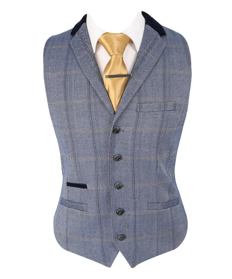 Men's Slim Fit Tweed Check Blue Suit - CONNALL - Blue