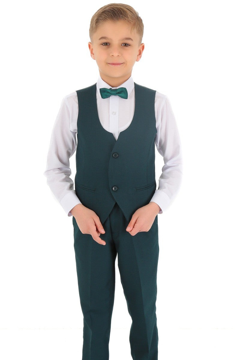 Boys Slim Fit Herringbone 8 Piece Suit Set - KING - Emerald Green