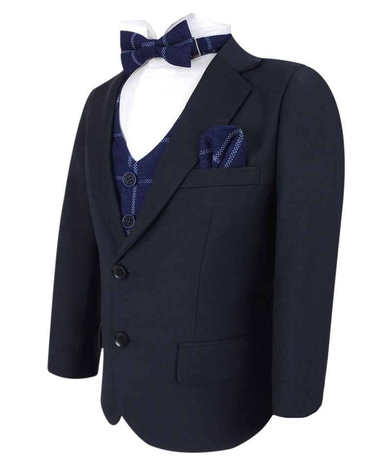 Boys Navy with Tweed Check Waistcoat Suit Set - Navy Blue