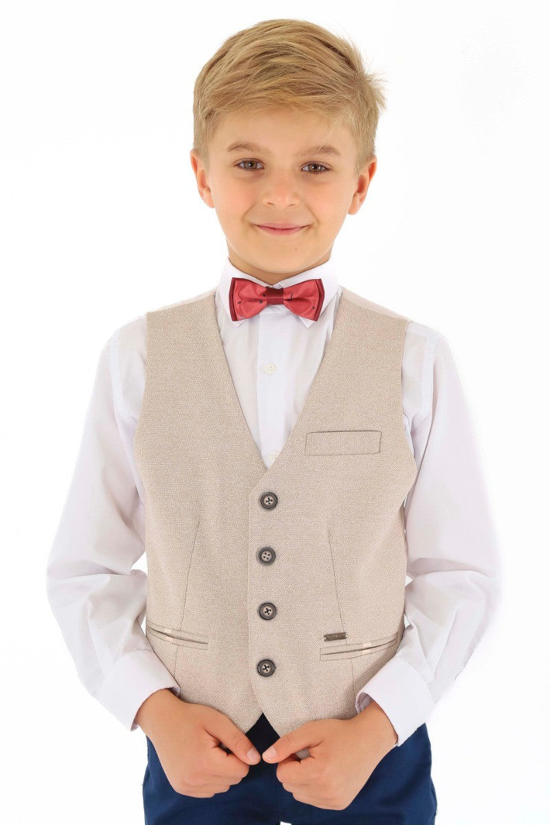 Boys Cotton Slim Fit Blazer and Waistcoat Set - Frank - Beige