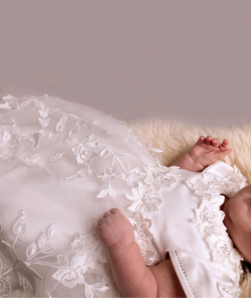 Baby Girls Floral Lace Off White Christening Gown - KRYSTAL - Off white