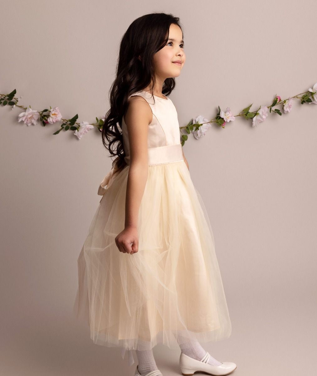 Flower Girl Dress with Tulle Skirt & Bow - HILARY - Champagne