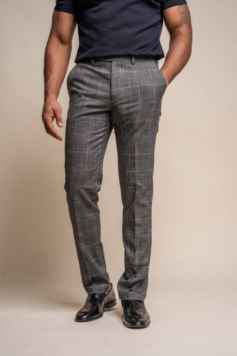 Men's Tweed Retro Check Grey Trousers - POWER - Grey