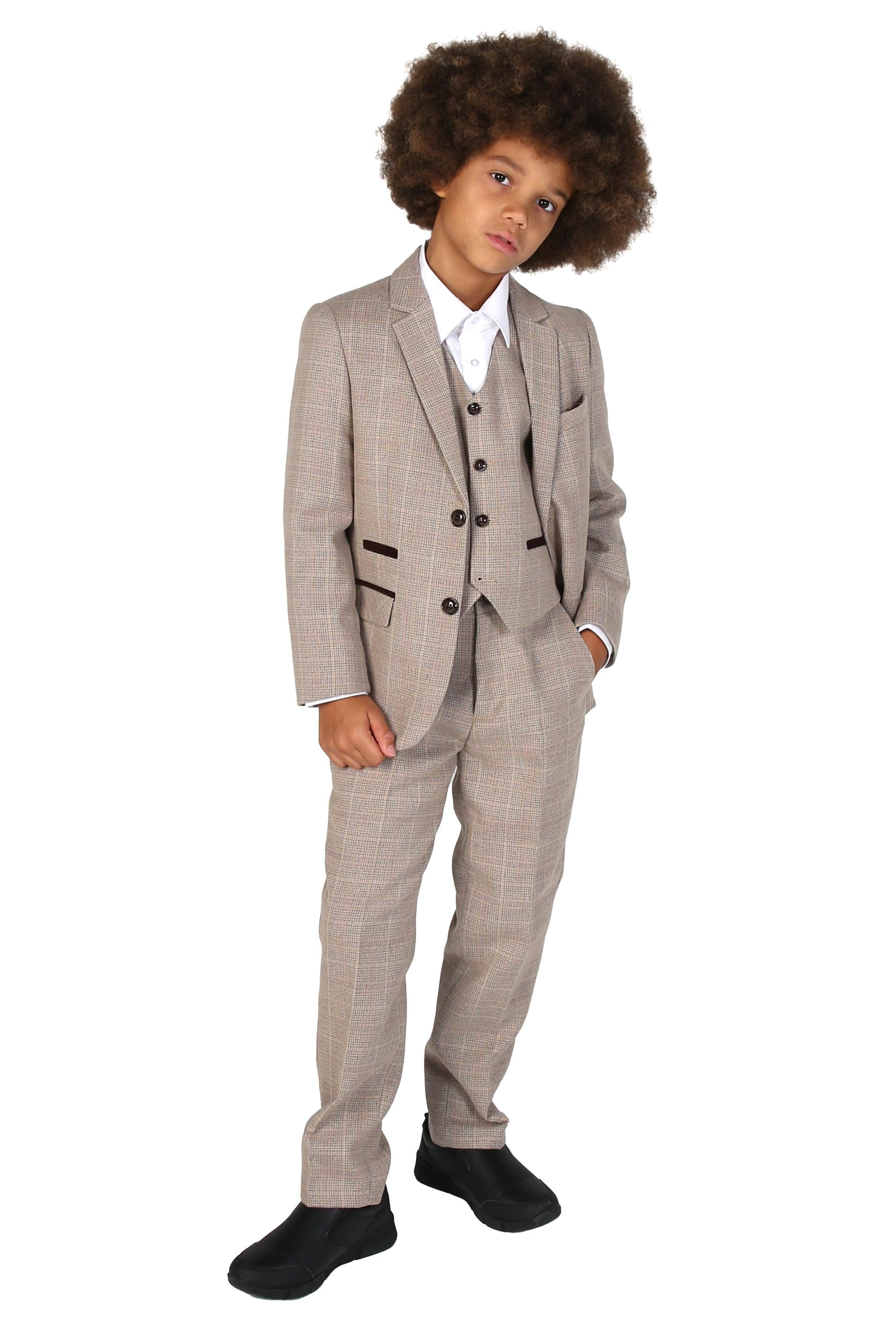 Boys Tweed Check Tailored Fit Beige Formal Suit - HOLLAND - Beige - Brown