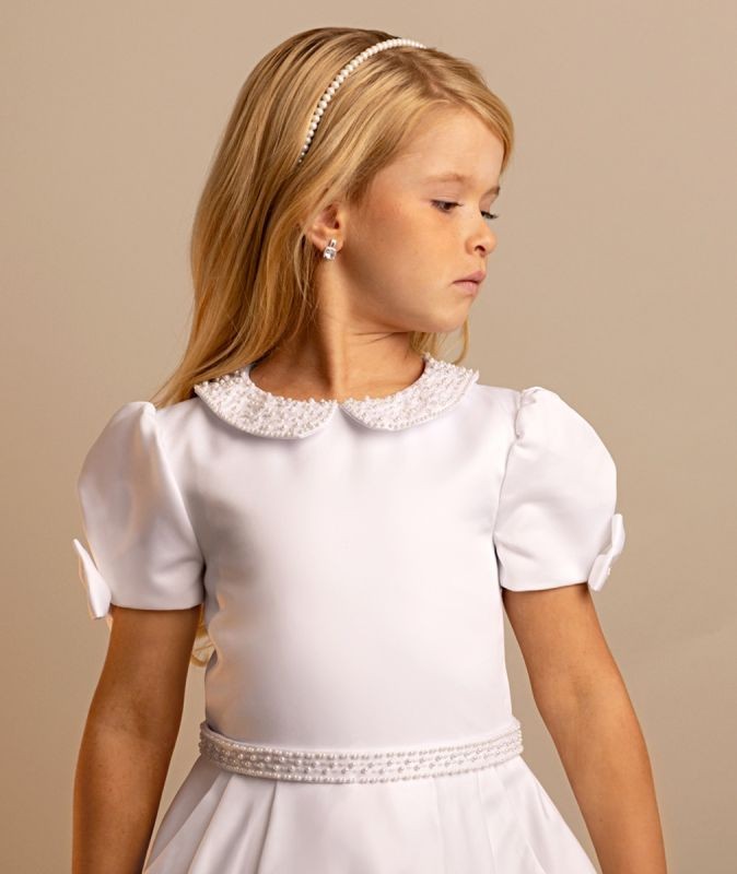 Girls’ White Puff Sleeve Communion Dress with Peter Pan Collar - LOTTIE - White