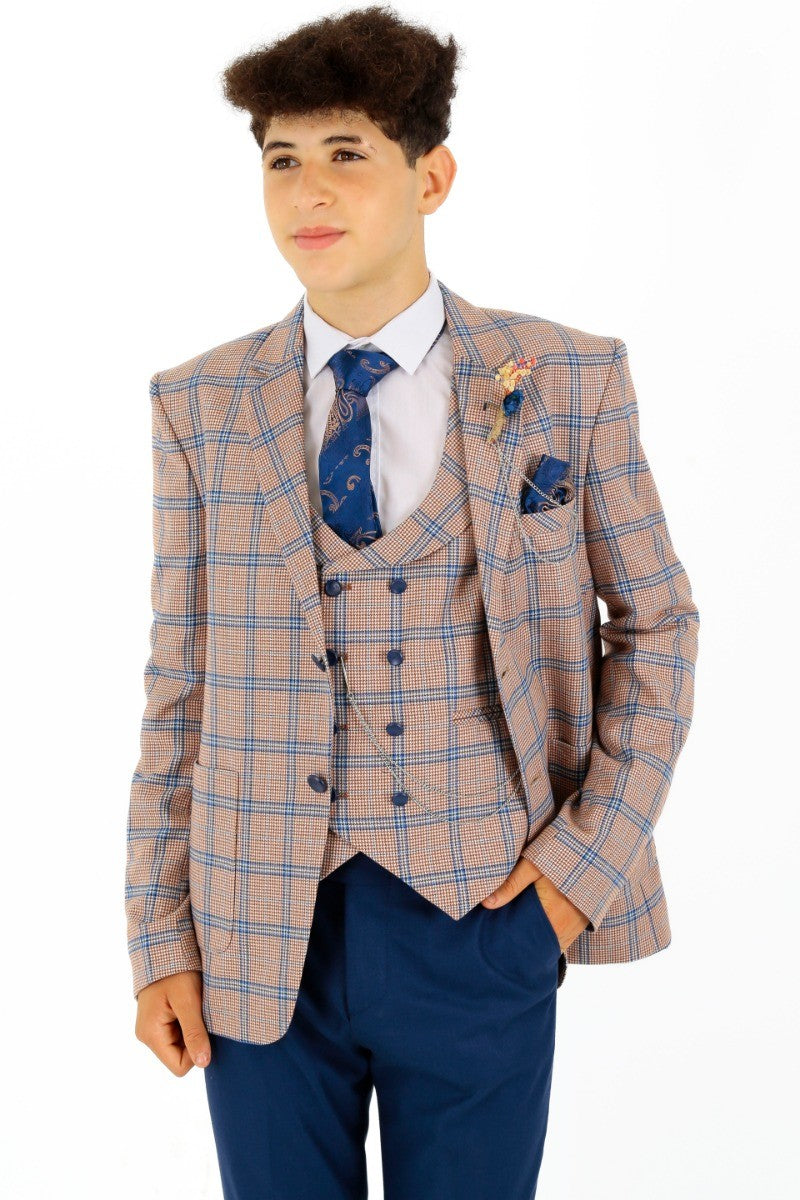 Boys Windowpane Check Slim Fit Suit - Peach - Navy Blue