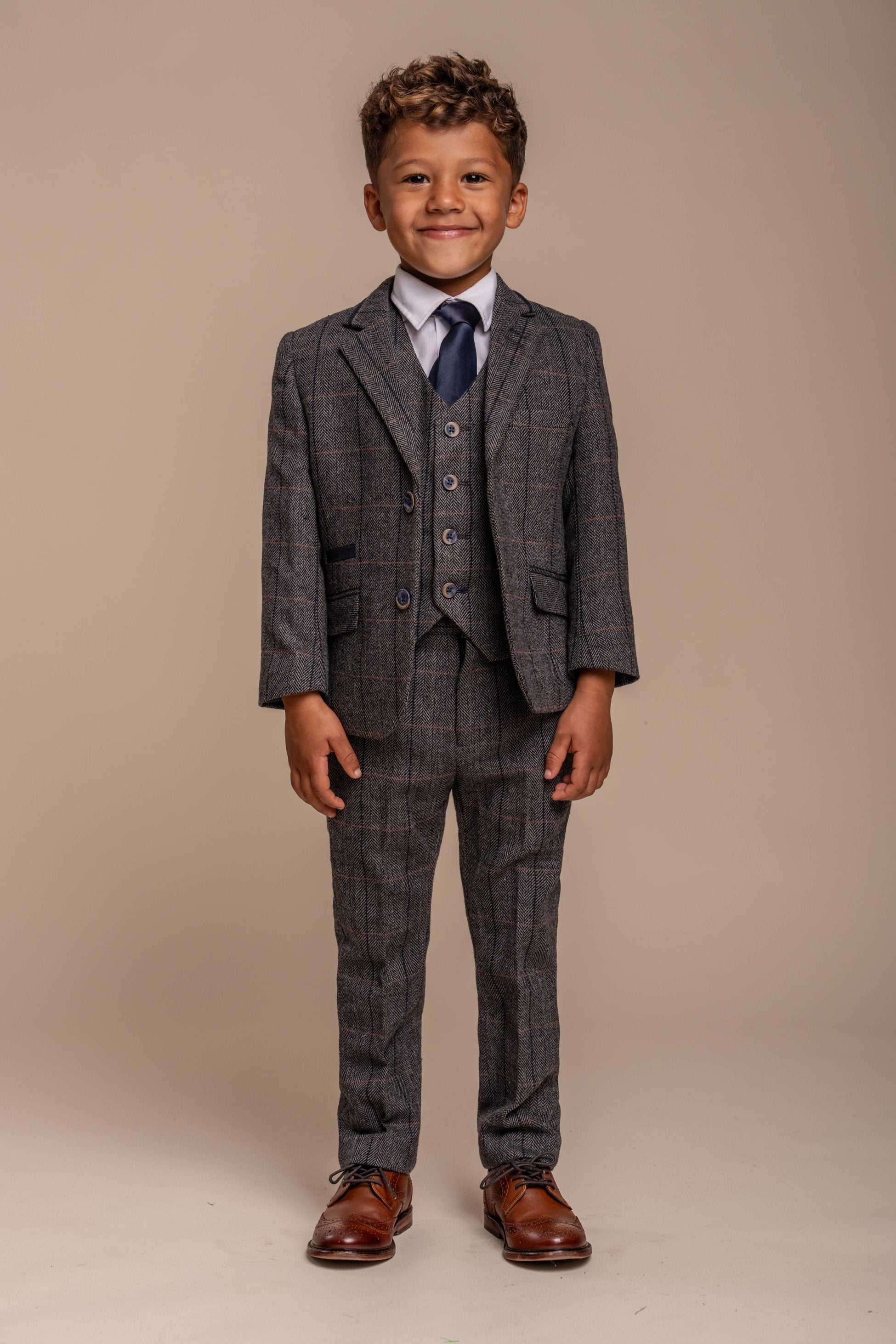 Boys Wool Blend Herringbone Check Suit - ALBERT - Grey