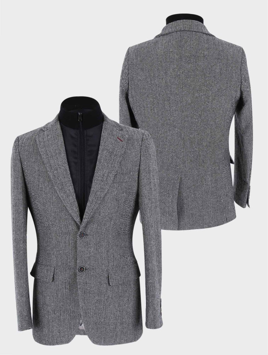 Men's Wool Herringbone Tweed Coat with Removable Zipper - Alexander - Light Grey