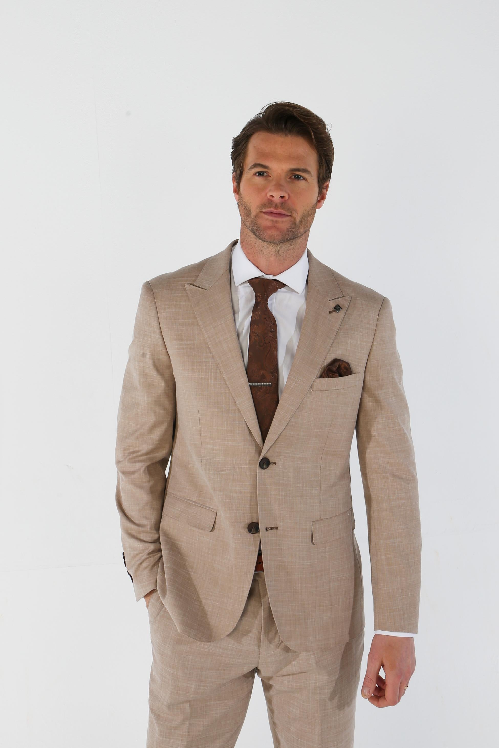 Men's Tailored Fit Plaid Suit Jacket - KURT - Beige