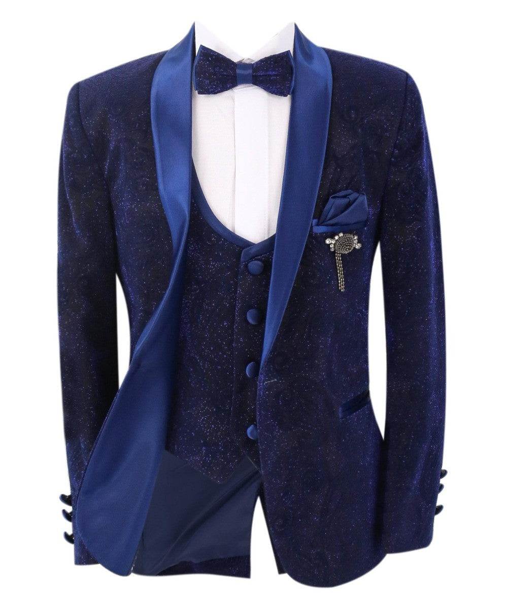 Boys Shimmer Slim Fit Navy Blue Tuxedo Suit - Navy Blue