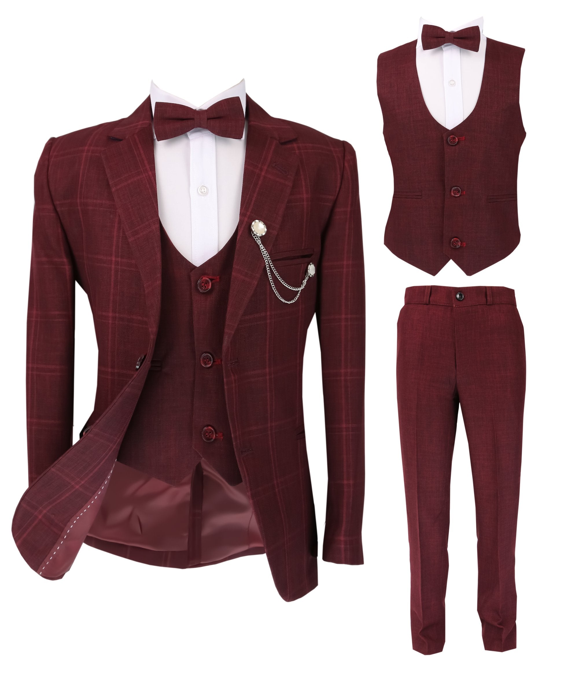 Boys Slim Fit Windowpane Check Burgundy Suit Set - Burgundy