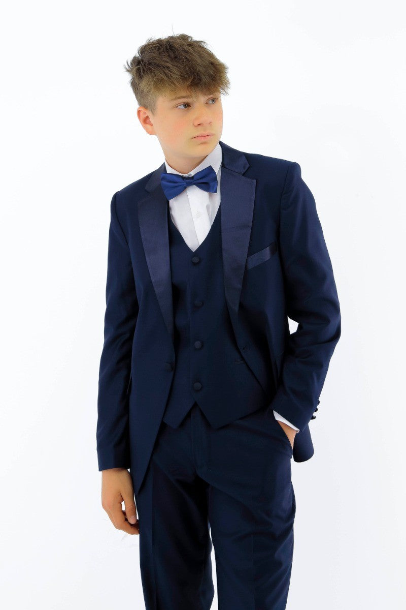 Boys Sheen Lapel Tuxedo Suit - Navy Blue