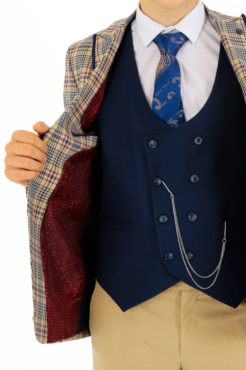 Boys Plaid Check Slim Fit Suit - Beige - Navy Blue