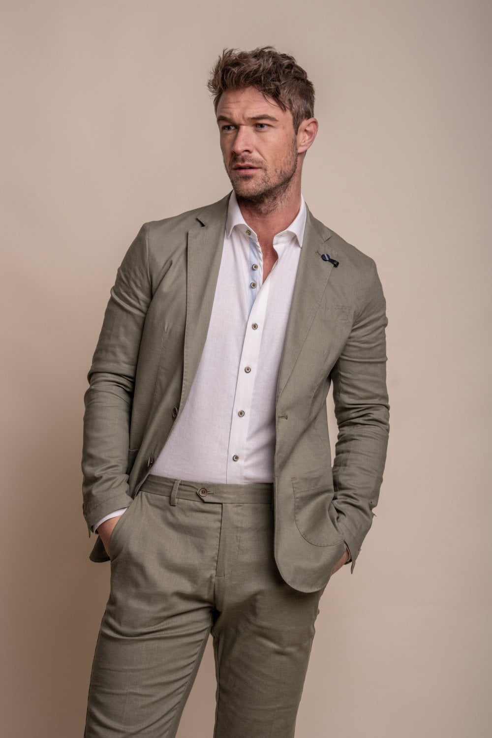 Men's Slim Fit Linen Jacket & Trousers Suit Set - ALVARI - Sage