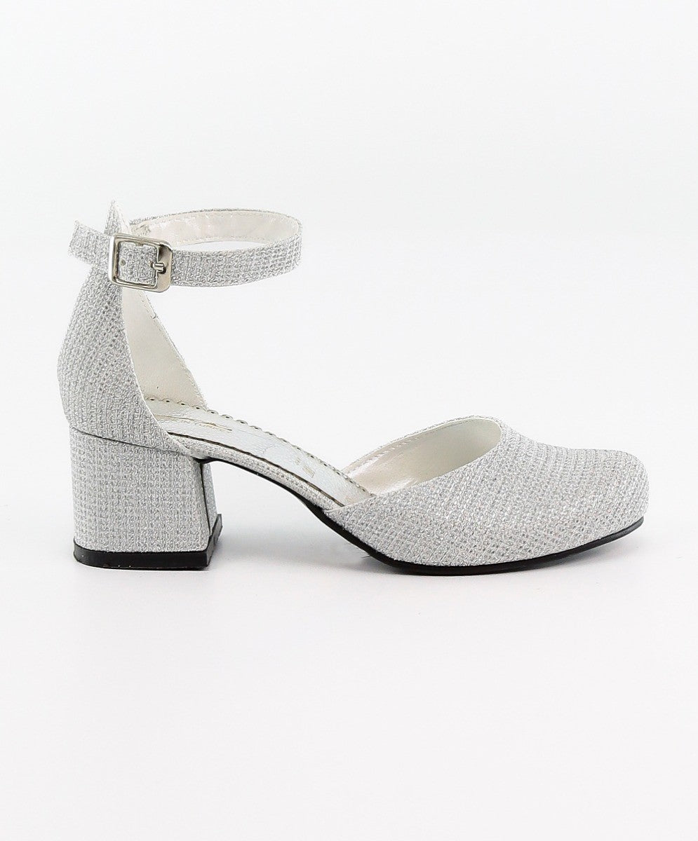 Girls Communion Block Heel Ankle Strap Dress Shoes - Silver