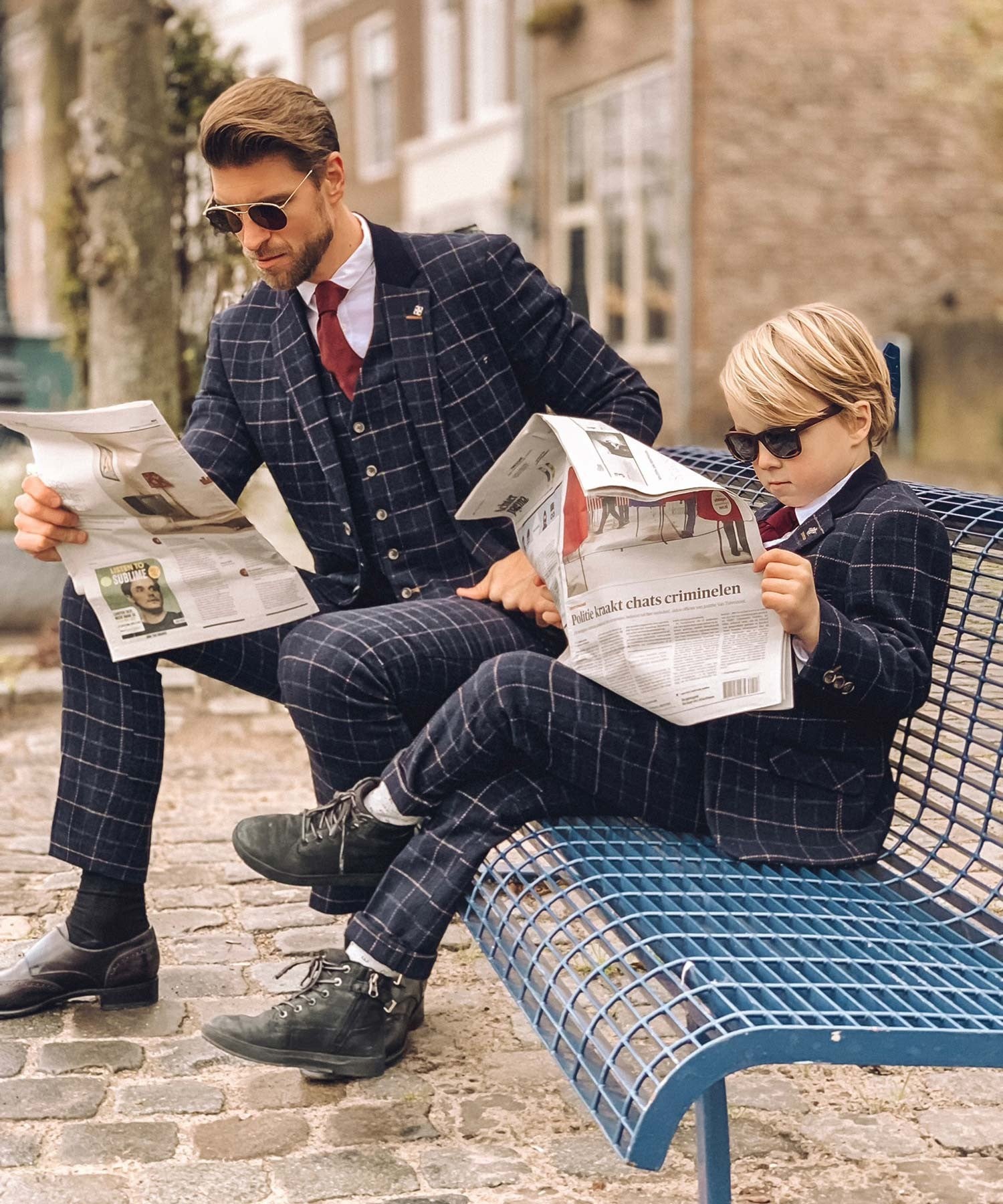 Men's Tweed Check Slim Fit Navy Suit- SHELBY - Navy Blue