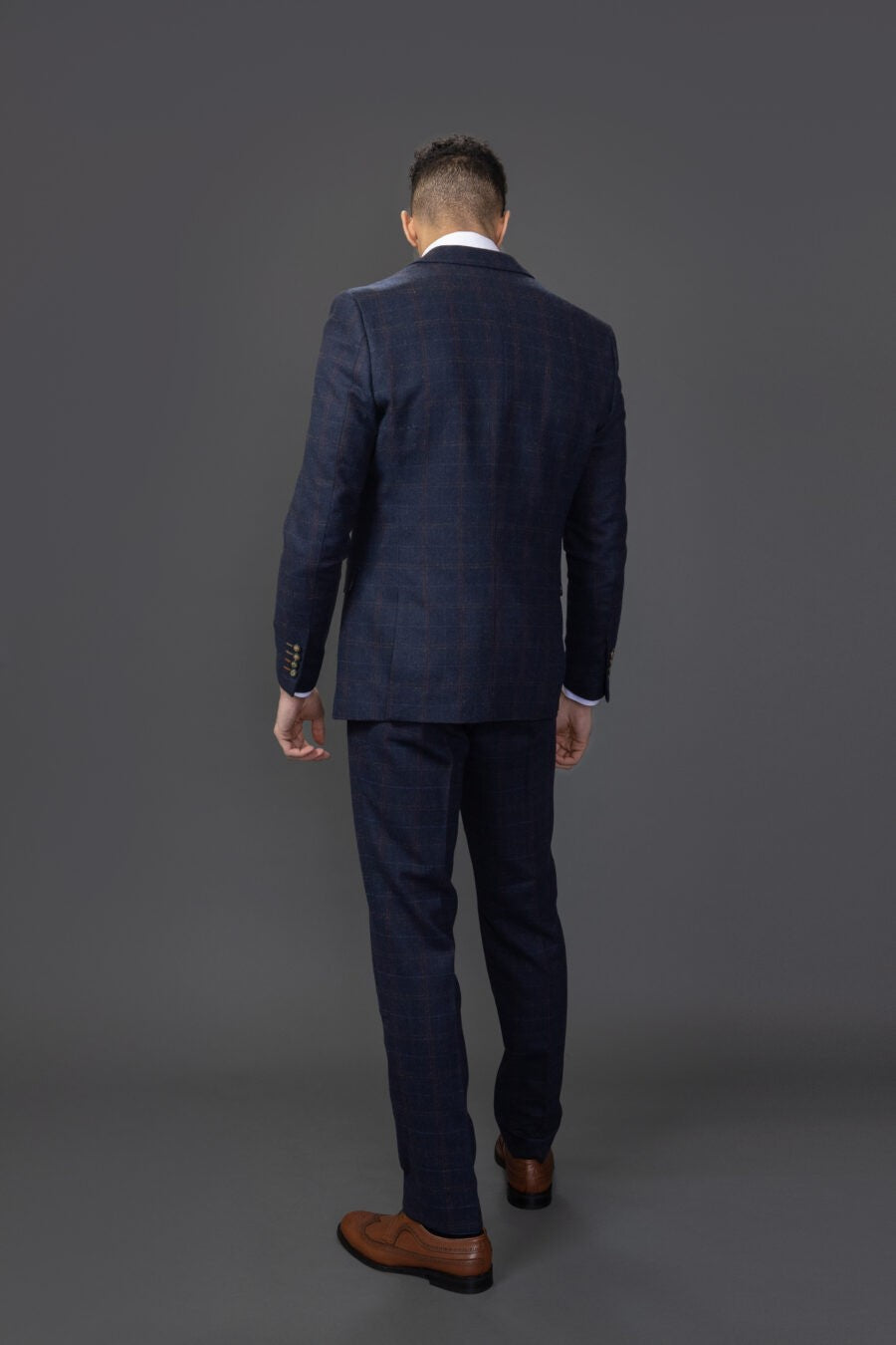 Men's Tweed Windowpane Tailored Fit Navy Suit - RYAN - Navy Blue