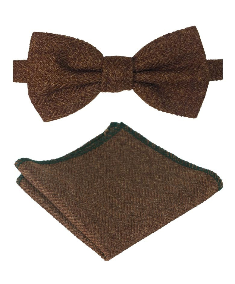 Boys & Men's Herringbone Tweed Bow Tie and Pocket Square - Cinnamon Brown