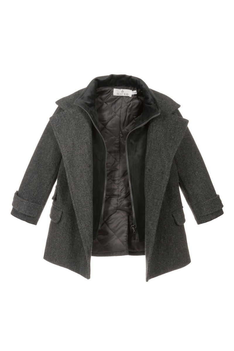 Boys Tweed Double Breasted Midi Geke Coat - Grey