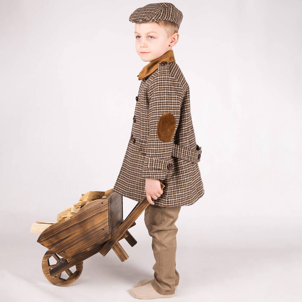 Boys Tweed Houndstooth Pea Coat with Matching Cap - Brown