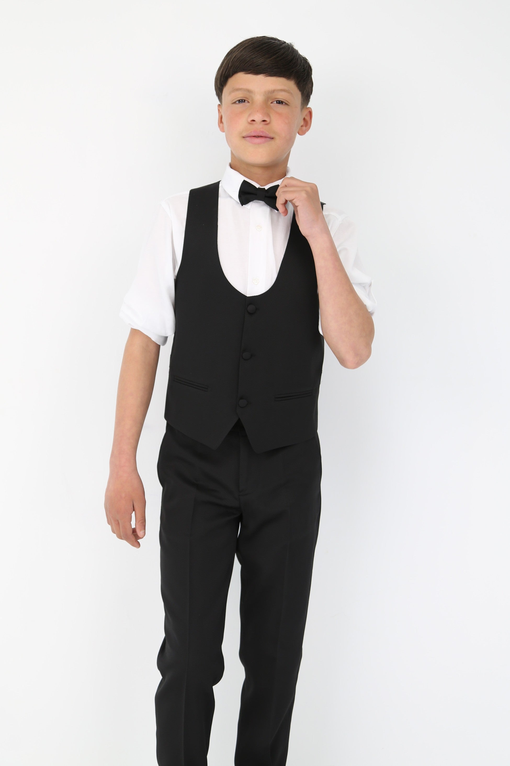 Boys' Satin Shawl Lapel Self-Patterned Tuxedo Suit, 6-Piece Set - Black