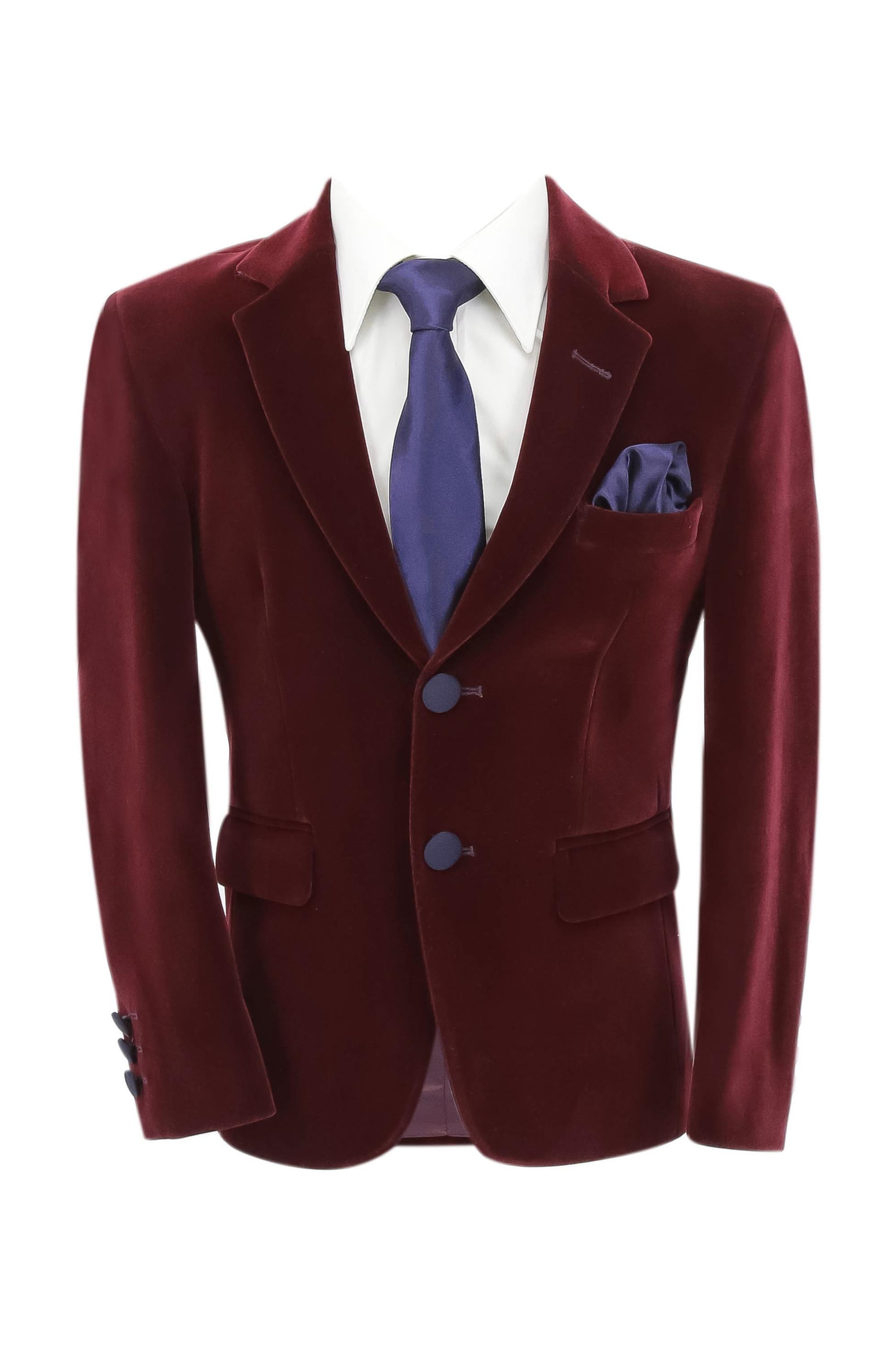 Boys Velvet Slim Fit Formal Blazer - Hackney - Burgundy