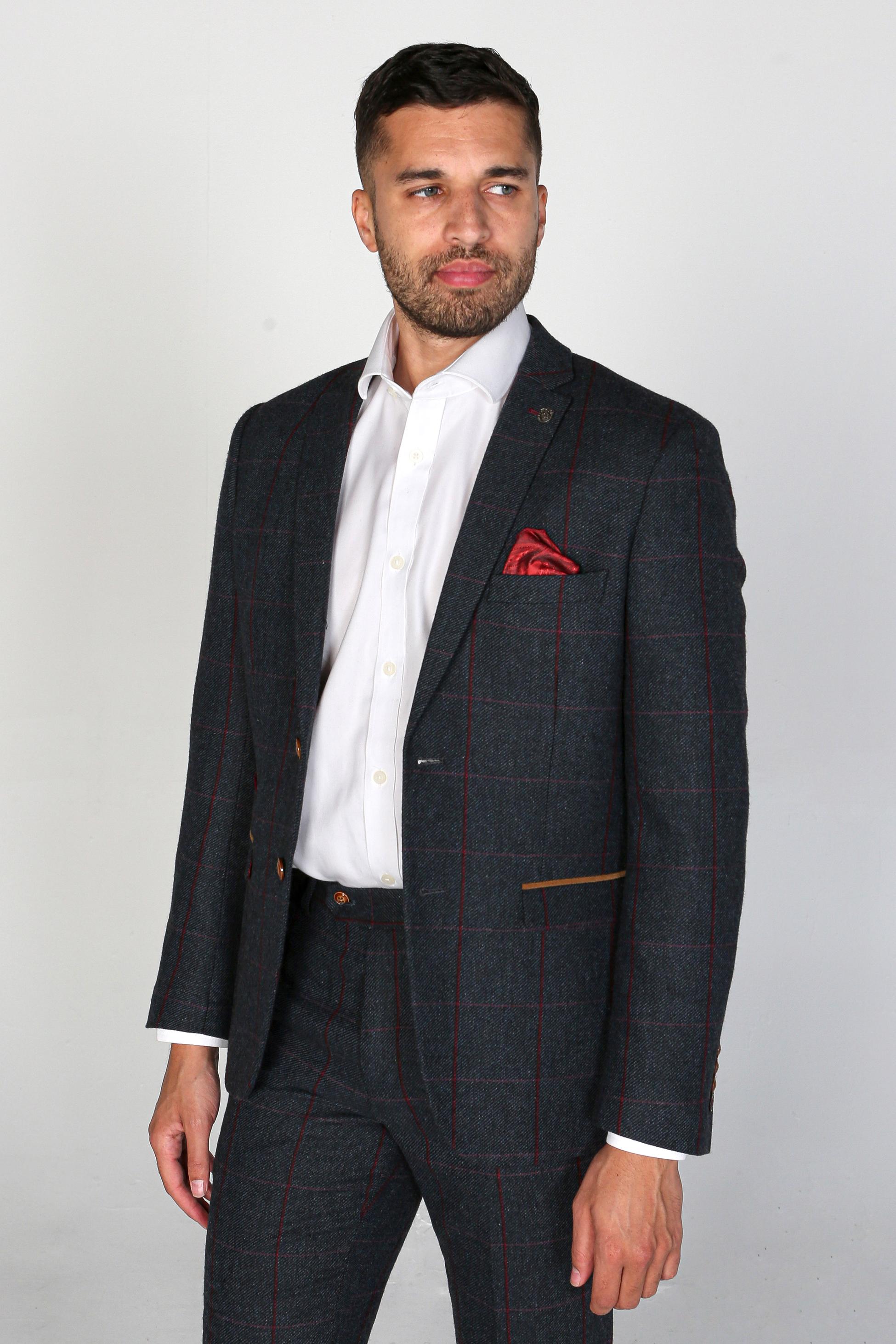 Men's Tweed Windowpane Check Tailored Fit Suit - MADRID - Navy Blue