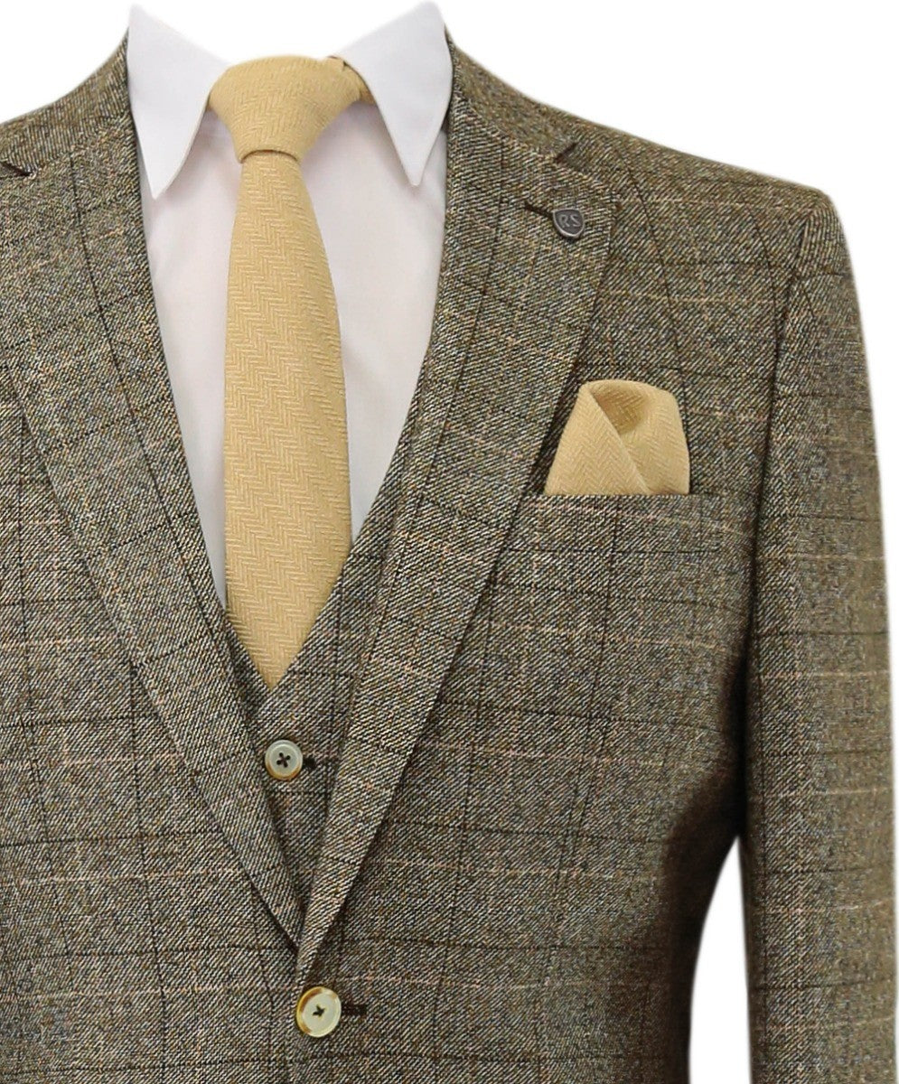 Men's Tweed Windowpane Check Suit Jacket - LIAM Beige - Beige