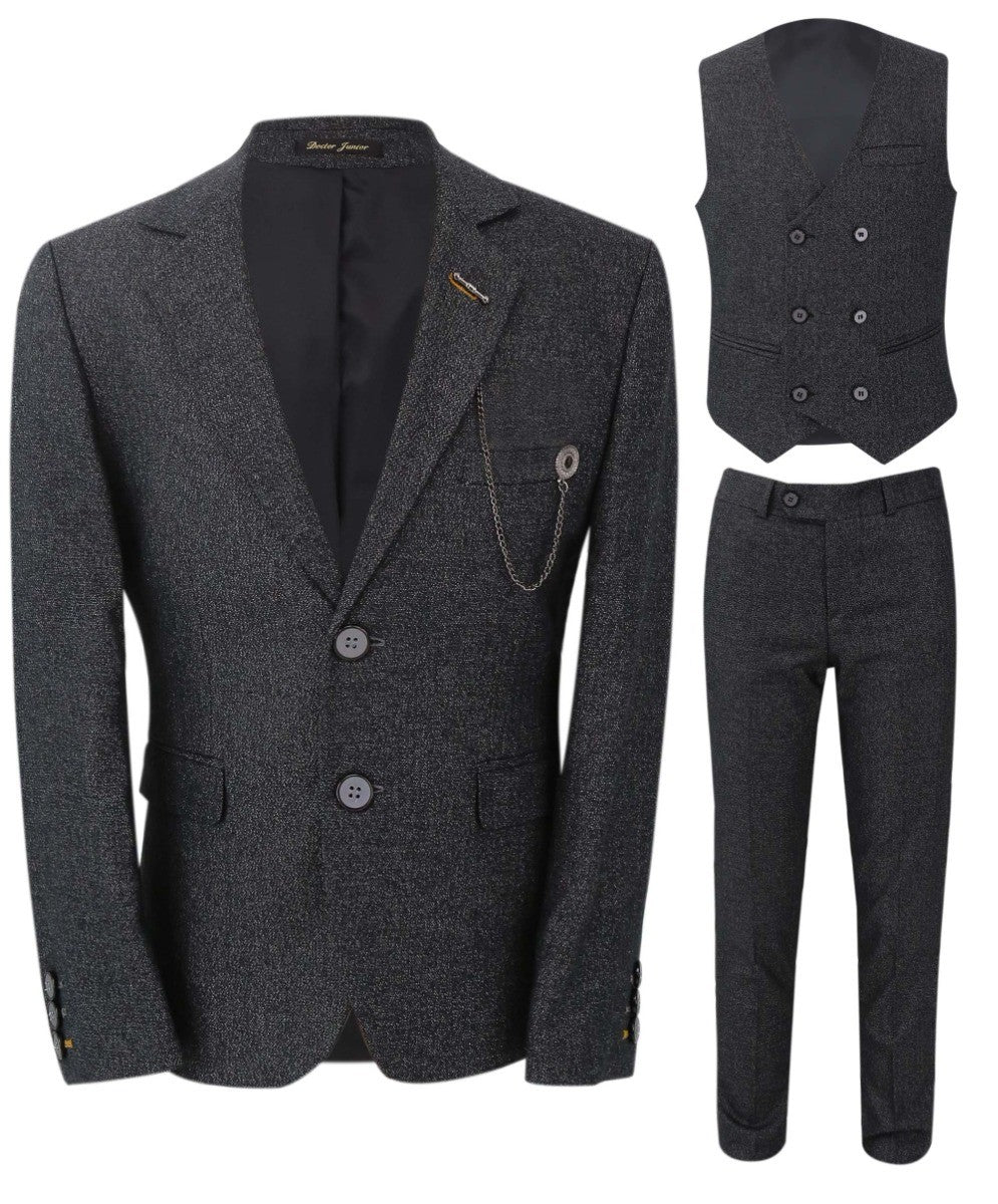 Boys Tailored Fit Herringbone Patterned Suit - TONY - Charcoal Grey