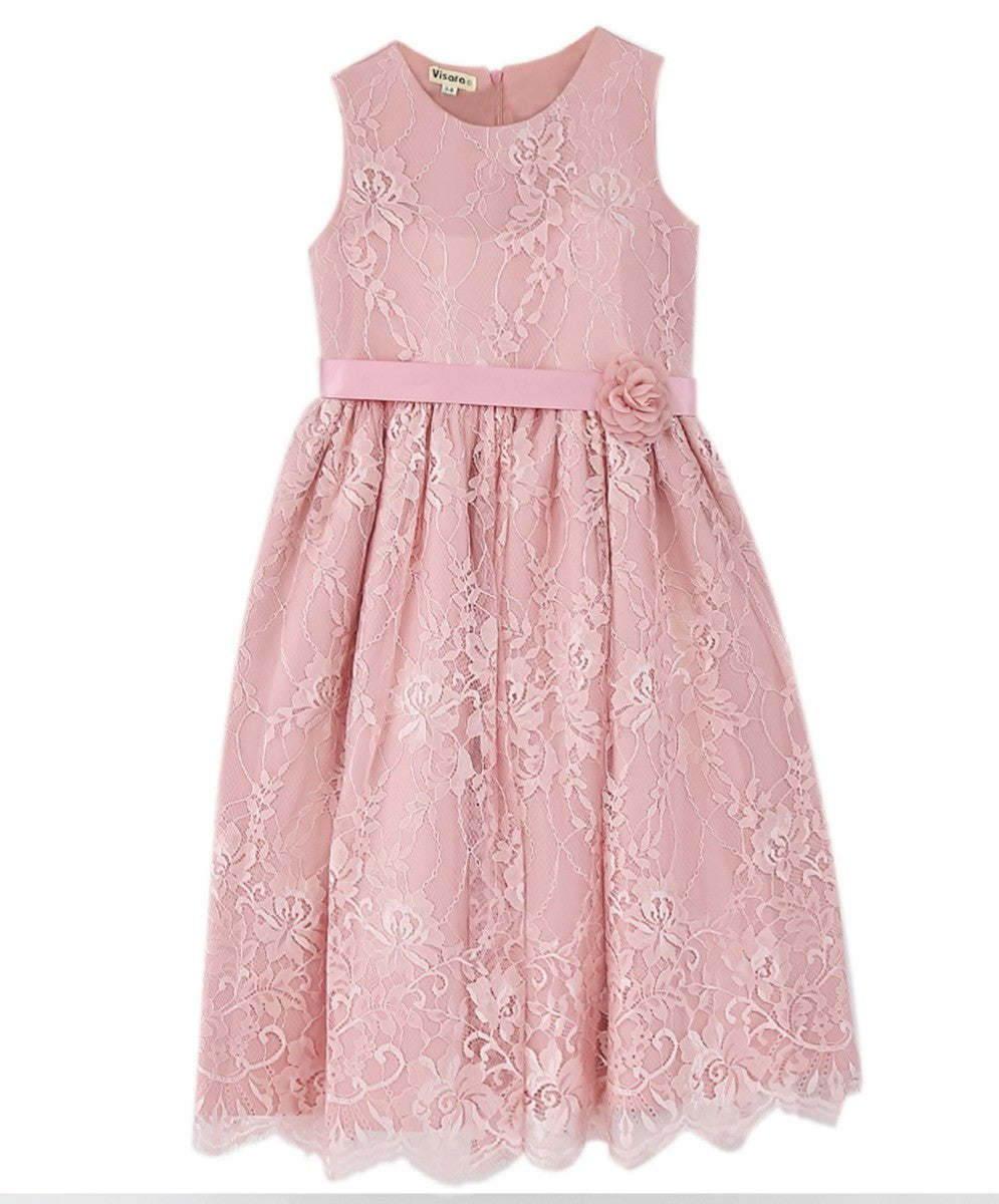 Girls Sleeveless Lace Embroidered Dress - Powder Pink